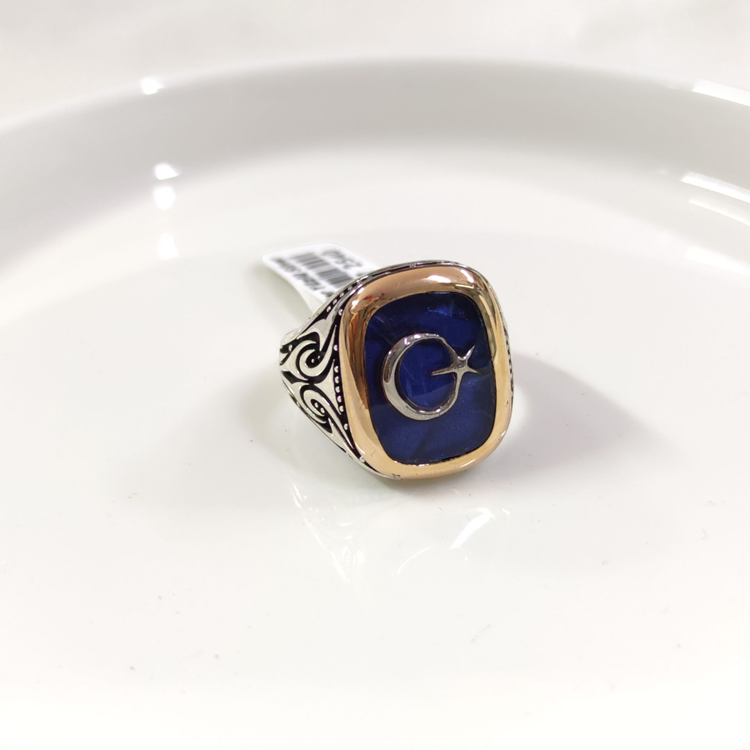 MAVİ DETAY AY YILDIZ GÜMÜŞ ERKEK YÜZÜK