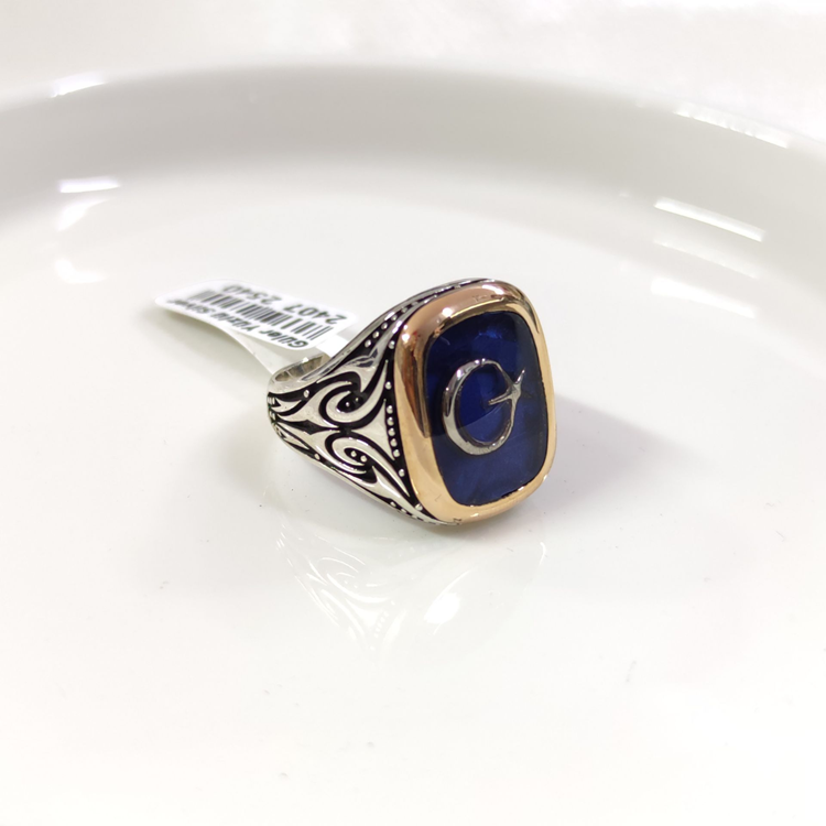 MAVİ DETAY AY YILDIZ GÜMÜŞ ERKEK YÜZÜK