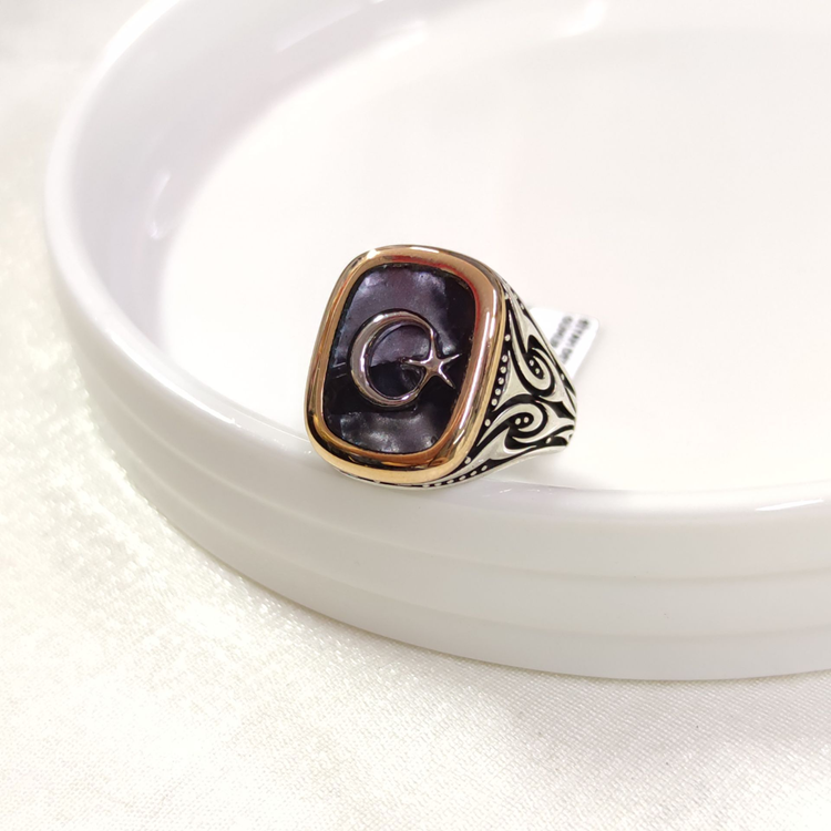 SİYAH DETAY AY YILDIZ GÜMÜŞ ERKEK YÜZÜK