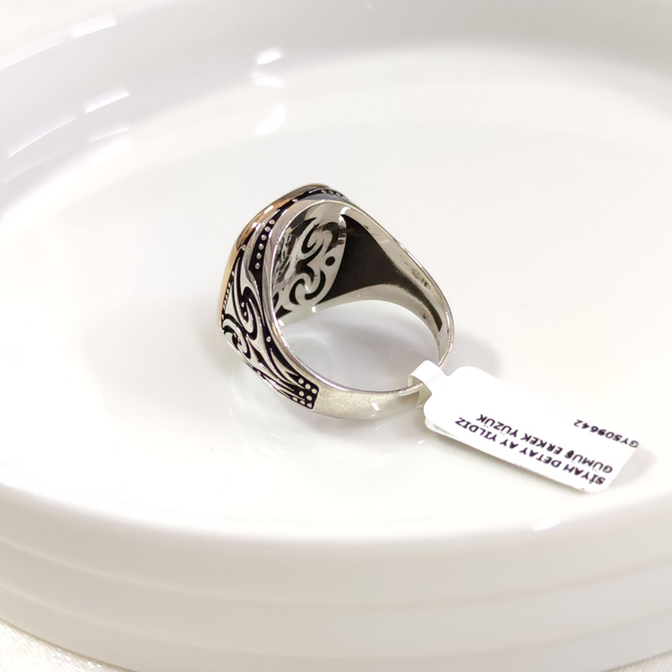 SİYAH DETAY AY YILDIZ GÜMÜŞ ERKEK YÜZÜK