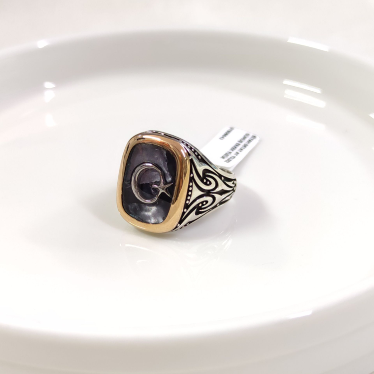 SİYAH DETAY AY YILDIZ GÜMÜŞ ERKEK YÜZÜK