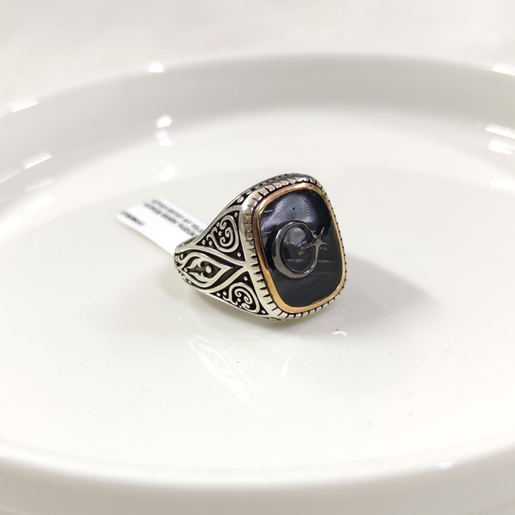 SİYAH DETAY AY YILDIZ GÜMÜŞ ERKEK YÜZÜK