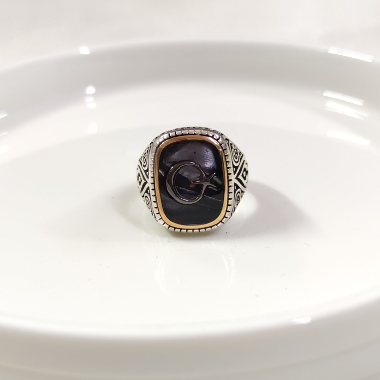 SİYAH DETAY AY YILDIZ GÜMÜŞ ERKEK YÜZÜK