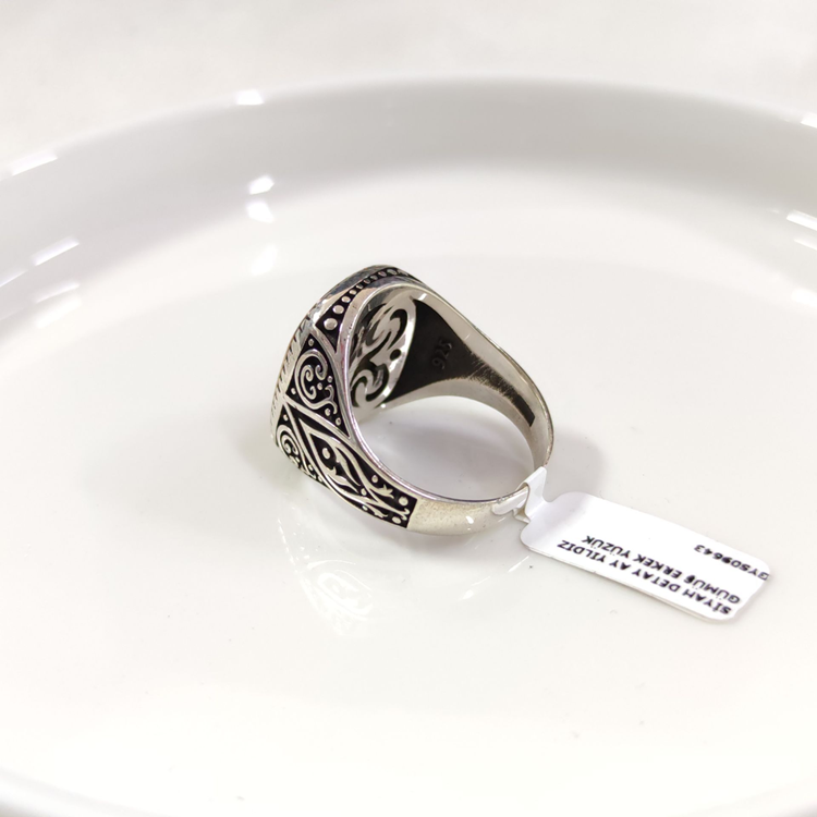 SİYAH DETAY AY YILDIZ GÜMÜŞ ERKEK YÜZÜK