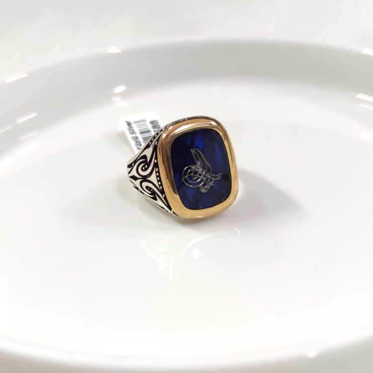 MAVİ DETAY TUĞRA GÜMÜŞ ERKEK YÜZÜK