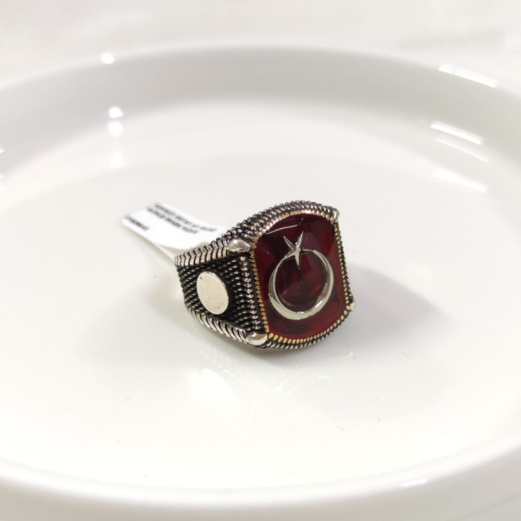 KIRMIZI DETAY AY YILDIZ GÜMÜŞ ERKEK YÜZÜK