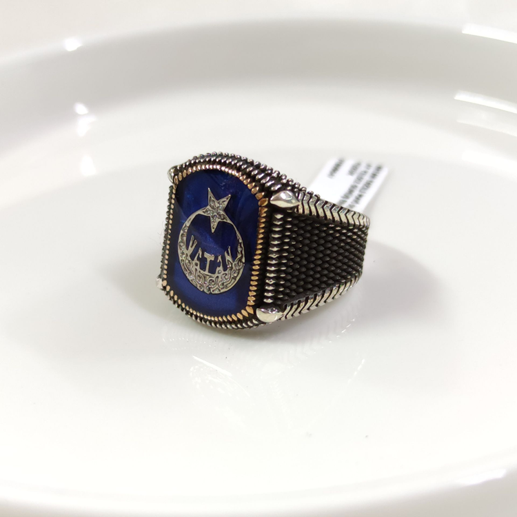 VATAN YAZILI MAVİ DETAY AY YILDIZ GÜMÜŞ ERKEK YÜZÜK