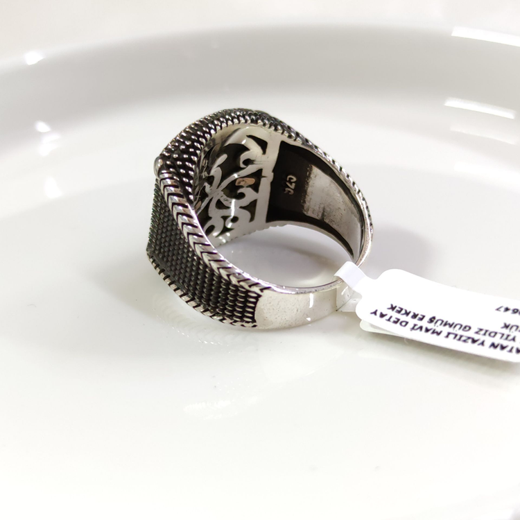 VATAN YAZILI MAVİ DETAY AY YILDIZ GÜMÜŞ ERKEK YÜZÜK