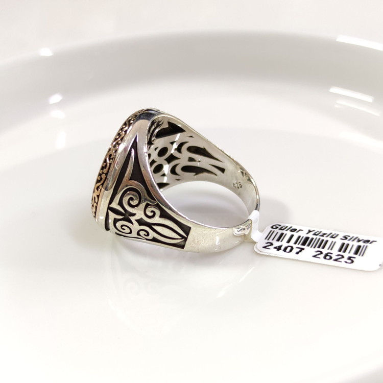 YUVARLAK SEDEF DETAY TUĞRA GÜMÜŞ ERKEK YÜZÜK