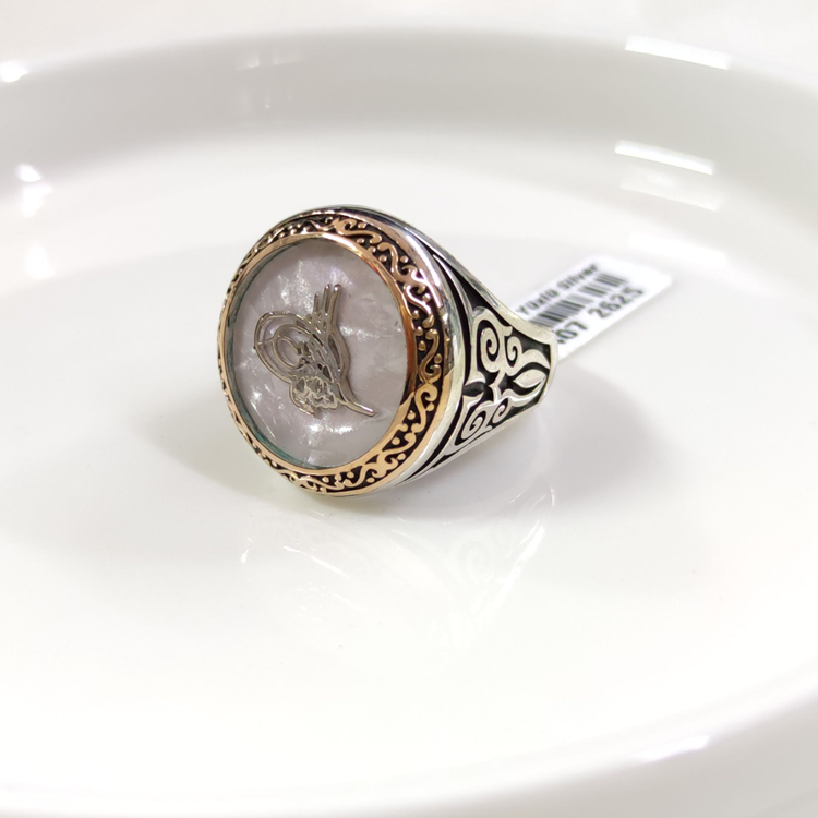 YUVARLAK SEDEF DETAY TUĞRA GÜMÜŞ ERKEK YÜZÜK