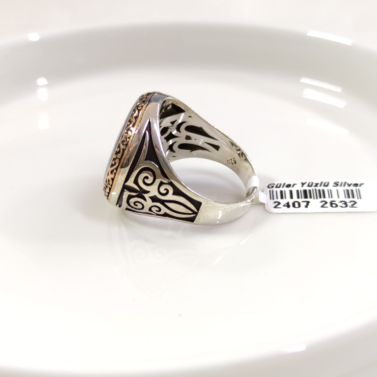 YUVARLAK MAVİ DETAY AY YILDIZ GÜMÜŞ ERKEK YÜZÜK