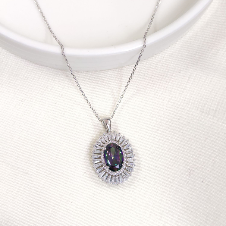 22X18 MM MİSTİK TOPAZ TAŞLI OVAL GÜMÜŞ KOLYE 40+5 CM