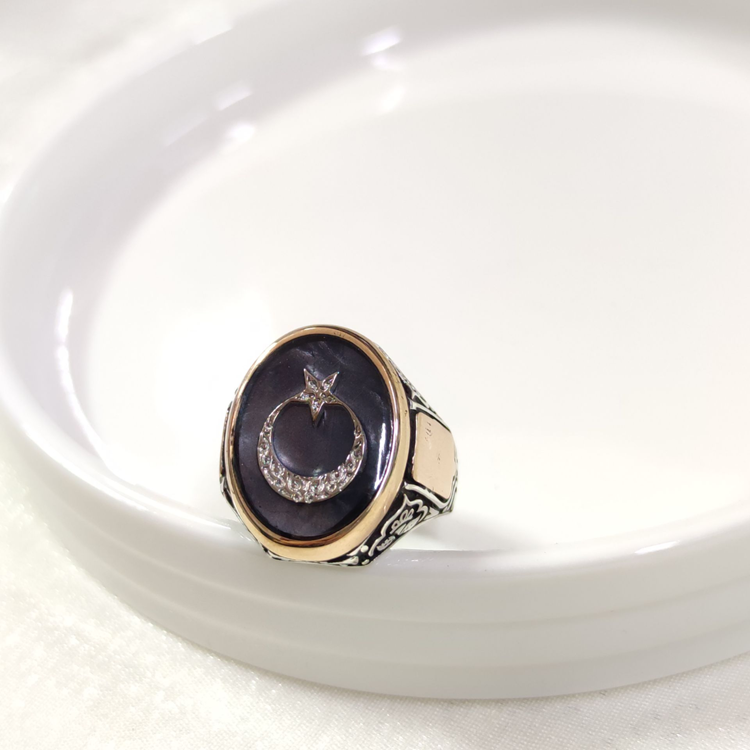 OVAL SİYAH DETAY AY YILDIZ GÜMÜŞ ERKEK YÜZÜK