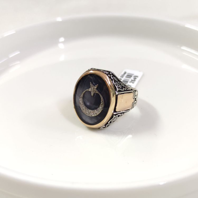 OVAL SİYAH DETAY AY YILDIZ GÜMÜŞ ERKEK YÜZÜK