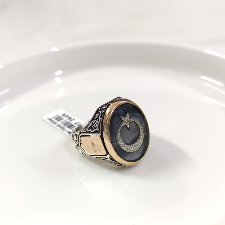 OVAL SİYAH DETAY AY YILDIZ GÜMÜŞ ERKEK YÜZÜK
