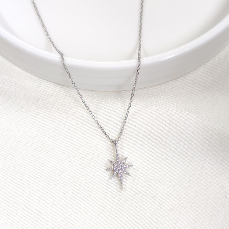 1 CM KUTUP YILDIZI GÜMÜŞ KOLYE 40+5 CM RODYUM BEYAZ - STD