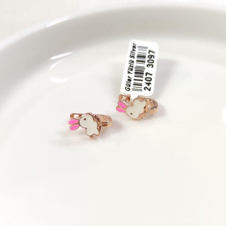 PEMBE KULAK MİNELİ TAVŞAN GÜMÜŞ ÇOCUK KÜPE