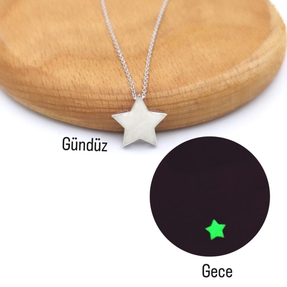 FOSFORLU KARANLIKTA PARLAYAN YILDIZ GÜMÜŞ KOLYE