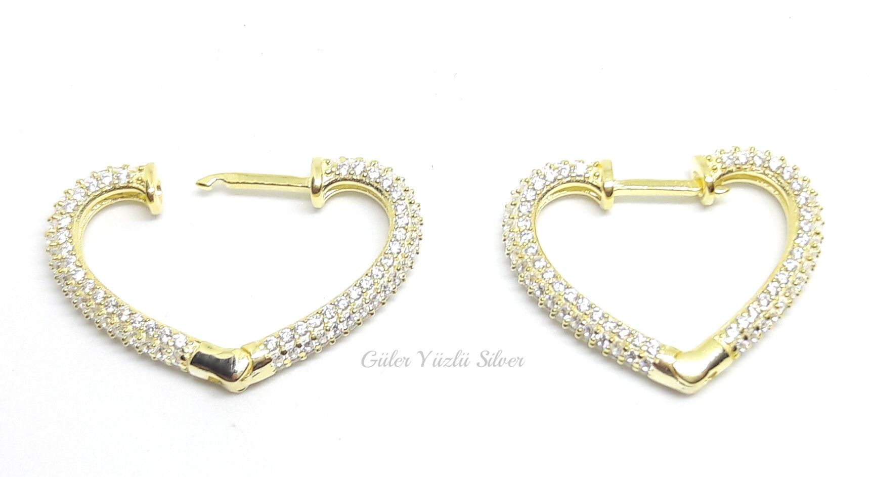 ZİRKON TAŞLI KALP GÜMÜŞ HALKA KÜPE ALTIN SARI - STD