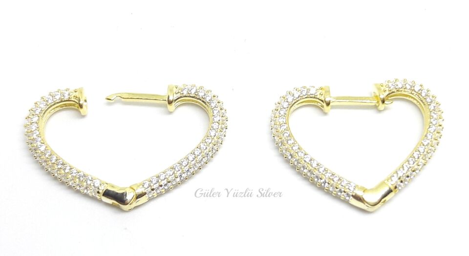 ZİRKON TAŞLI KALP GÜMÜŞ HALKA KÜPE ALTIN SARI - STD