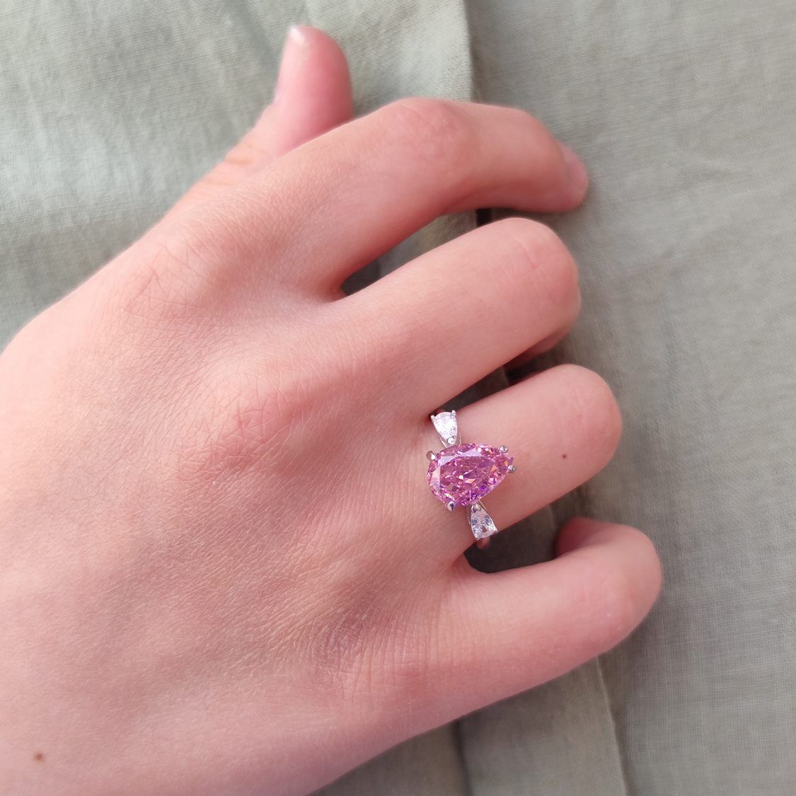 ÖZEL KESİM PEMBE DAMLA TAŞ GÜMÜŞ YÜZÜK RODYUM BEYAZ - 16