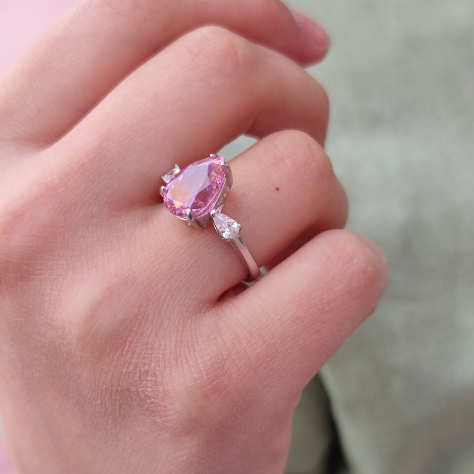 ÖZEL KESİM PEMBE DAMLA TAŞ GÜMÜŞ YÜZÜK RODYUM BEYAZ - 16
