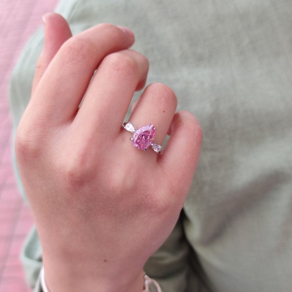 ÖZEL KESİM PEMBE DAMLA TAŞ GÜMÜŞ YÜZÜK RODYUM BEYAZ - 16