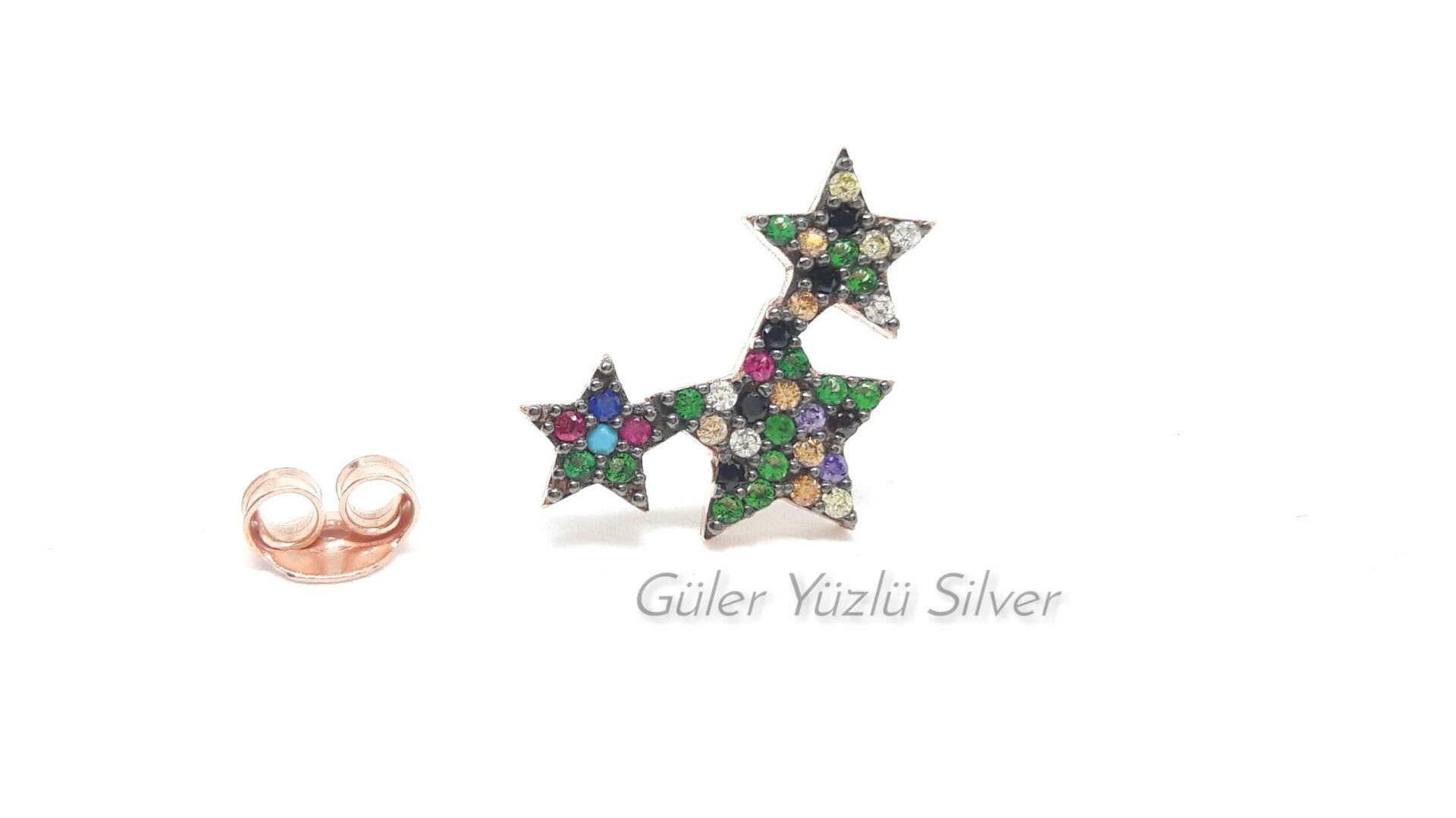 MİX TAŞLI ÜÇ YILDIZ ÇİVİ GÜMÜŞ KÜPE (TEK)