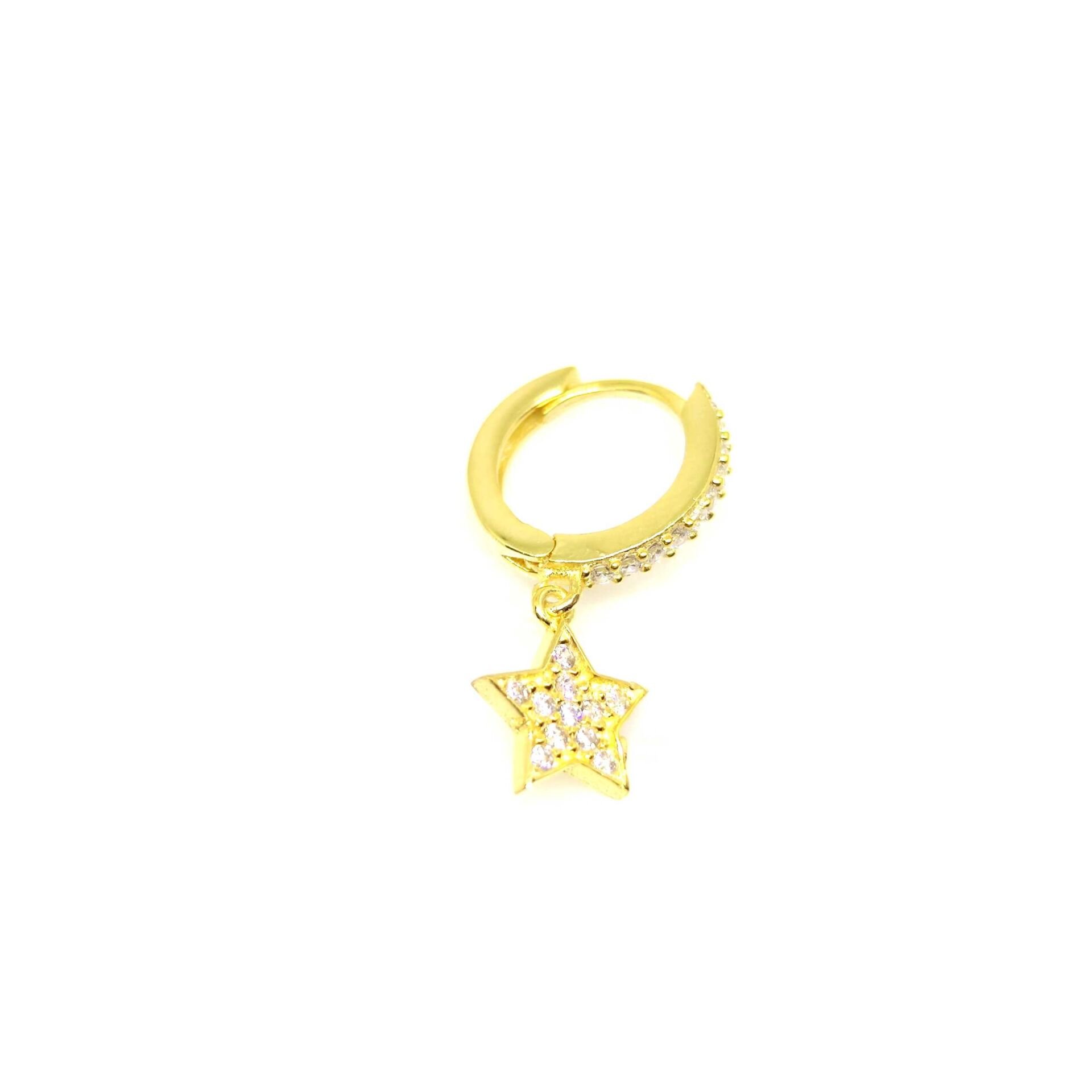 TAŞLI YILDIZ TEK HALKA GÜMÜŞ KÜPE ALTIN SARI - STD