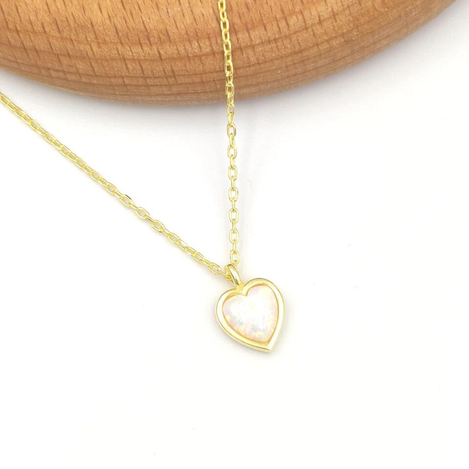BEYAZ OPAL KALP GÜMÜŞ KOLYE STD - ALTIN SARI