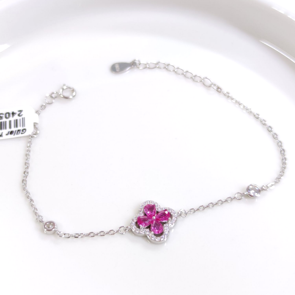 İTHAL PEMBE TAŞLI GÜMÜŞ ÇİÇEK BİLEKLİK 16+3 CM