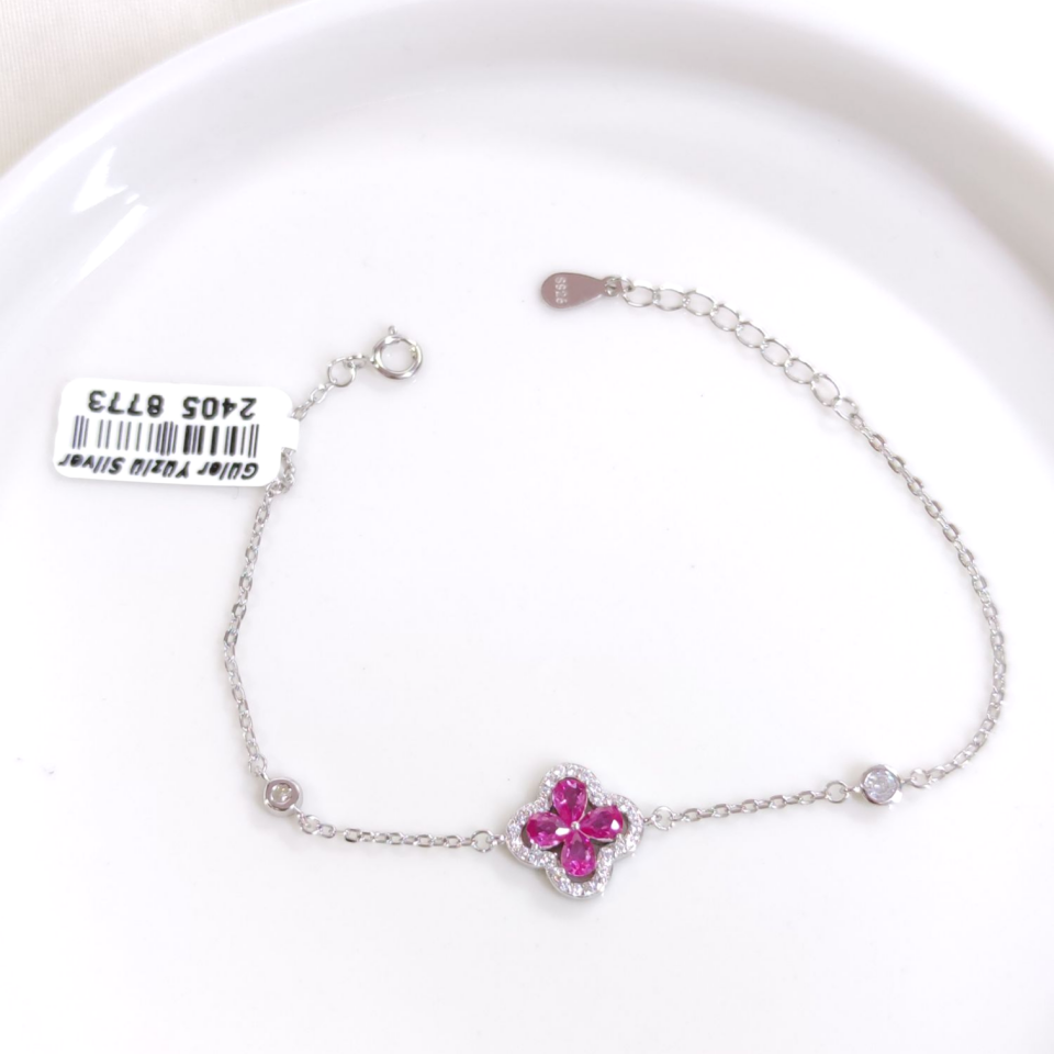 İTHAL PEMBE TAŞLI GÜMÜŞ ÇİÇEK BİLEKLİK 16+3 CM