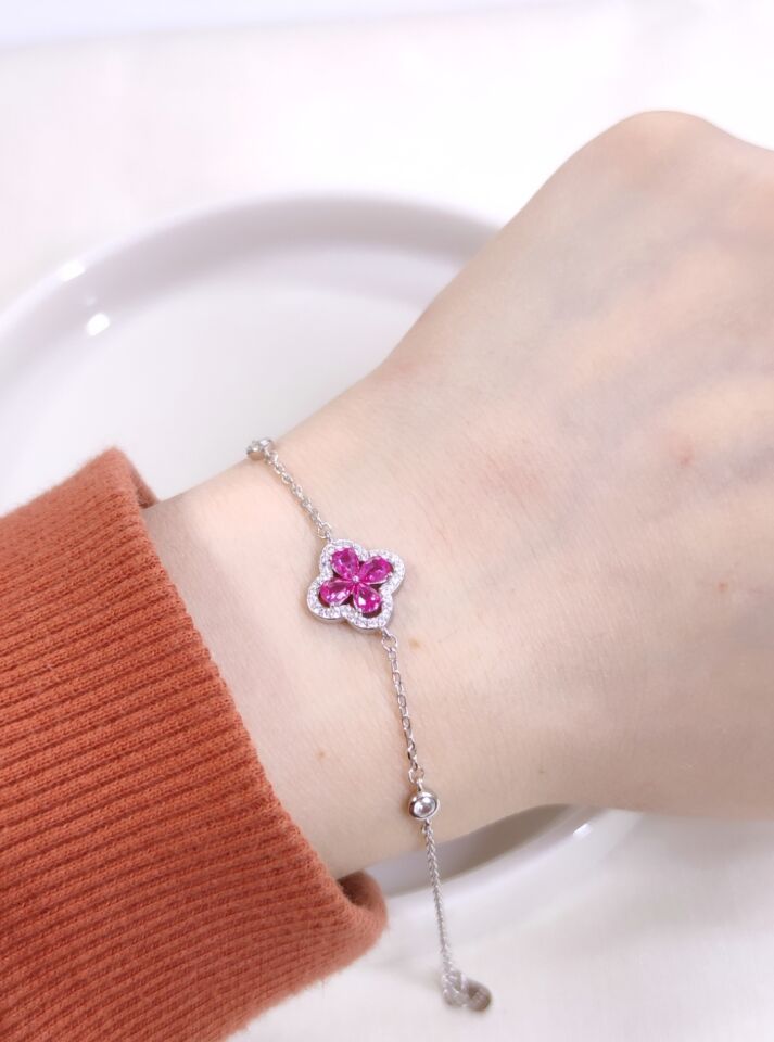 İTHAL PEMBE TAŞLI GÜMÜŞ ÇİÇEK BİLEKLİK 16+3 CM