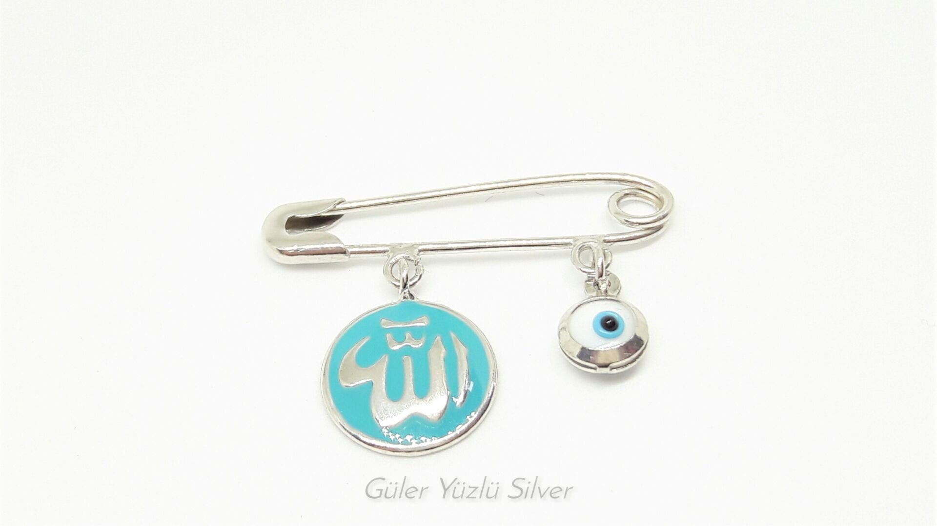MAVİ MİNELİ ALLAH YAZILI GÜMÜŞ İĞNE