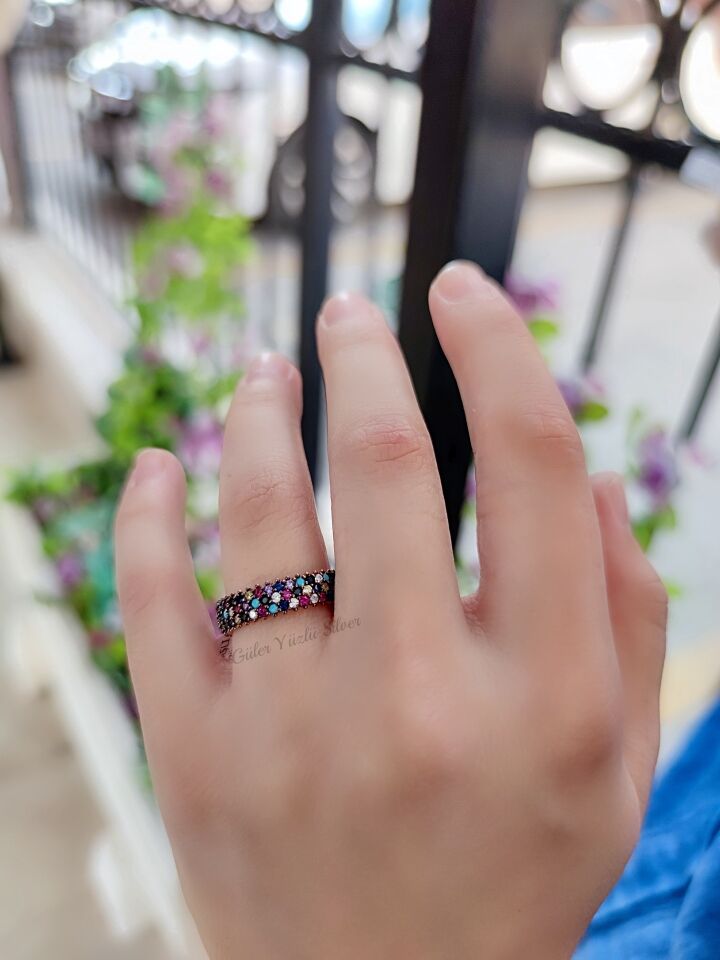 ROSE ÜÇ SIRA MİX TAŞLI TAMTUR GÜMÜŞ YÜZÜK ROSE BAKIR - 19