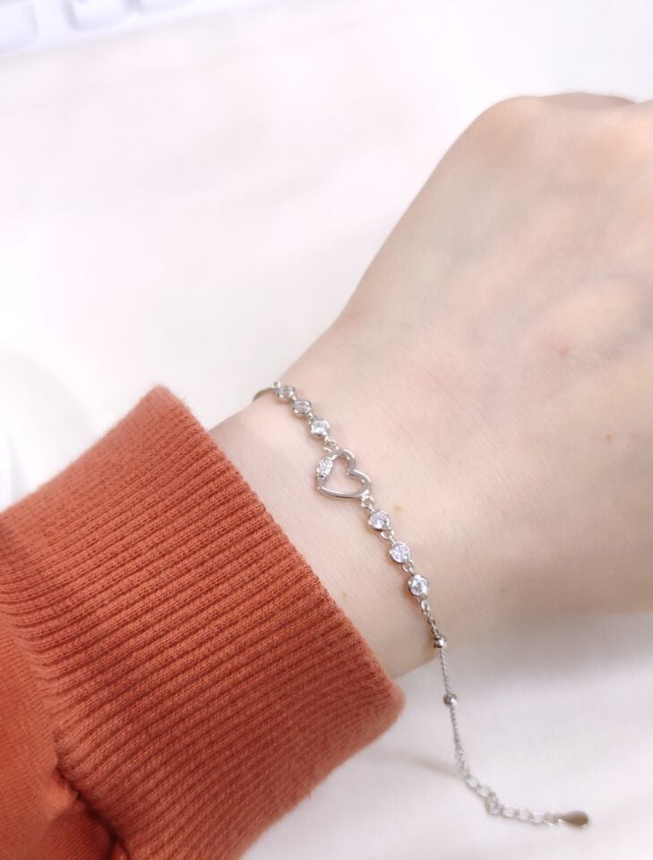 İTHAL TAŞLI KALP GÜMÜŞ BİLEKLİK 16+3 CM
