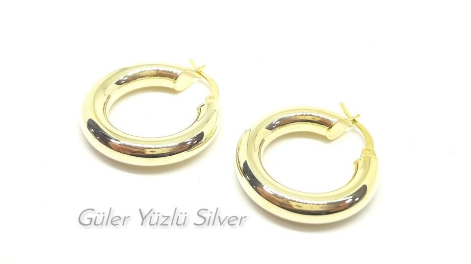 17 MM BOMBELİ HALKA GÜMÜŞ KÜPE ALTIN SARI - STD