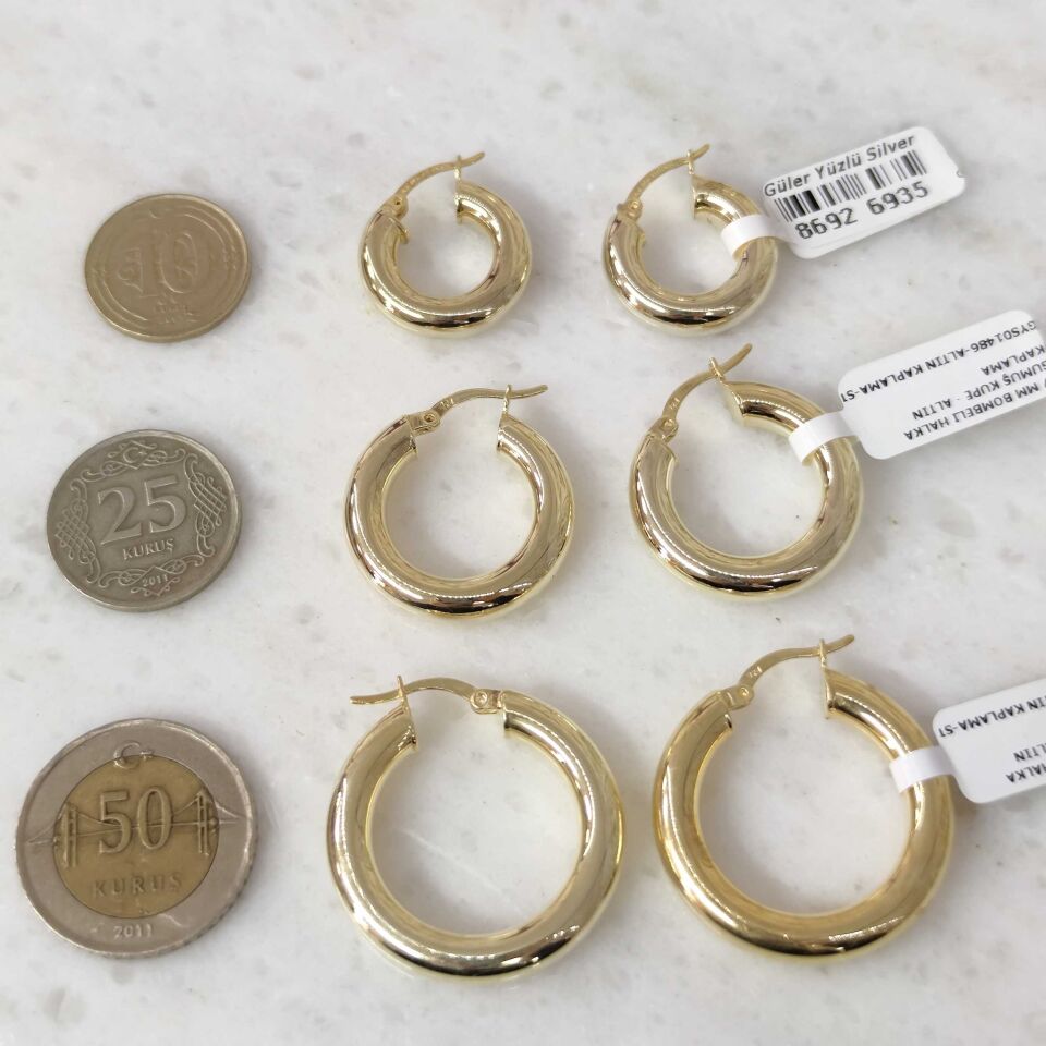 17 MM BOMBELİ HALKA GÜMÜŞ KÜPE ALTIN SARI - STD