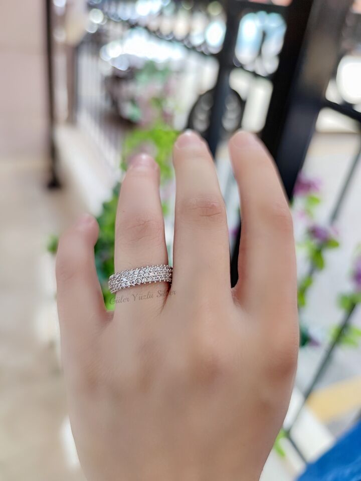 ZİRKON TAŞLI 3 SIRA TAMTUR GÜMÜŞ YÜZÜK RODYUM BEYAZ - 17