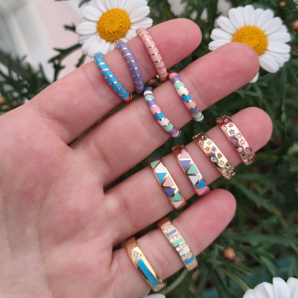 RENKLİ MİNELİ ŞERİT GÜMÜŞ YÜZÜK ROSE BAKIR - STD