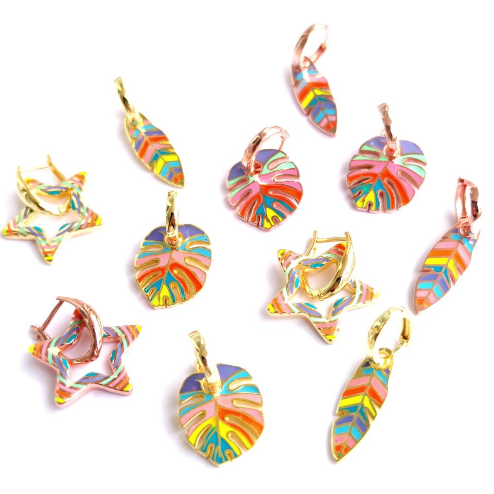 RENKLİ MİNELİ TÜY TEK HALKA GÜMÜŞ KÜPE STD - ROSE BAKIR