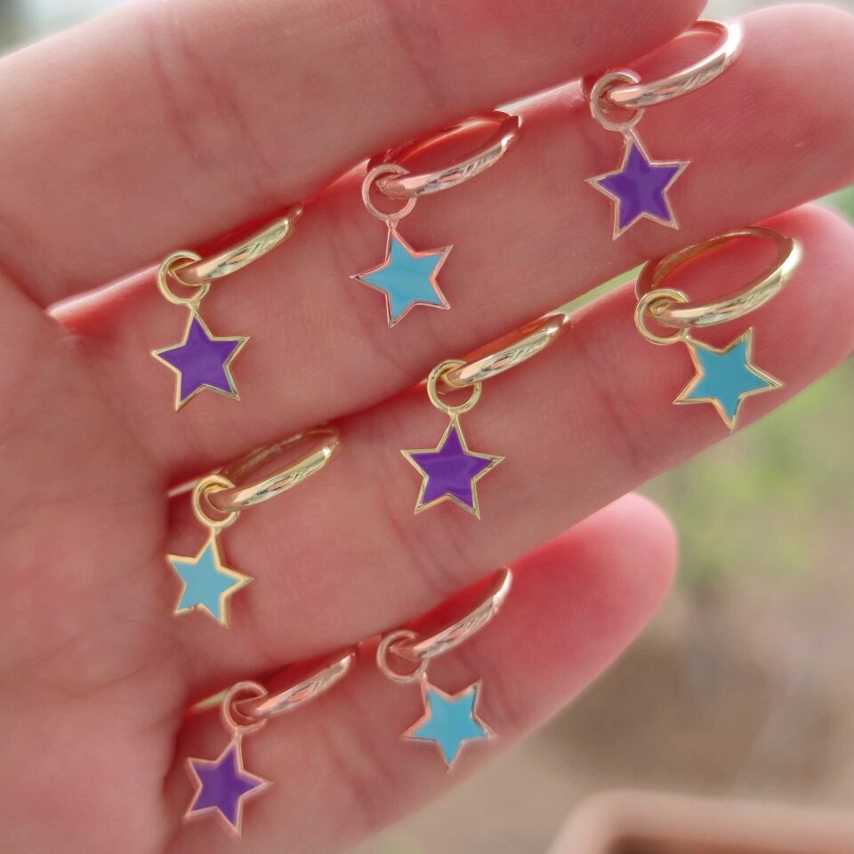 MOR MİNELİ YILDIZ TEK GÜMÜŞ HALKA KÜPE ROSE BAKIR - STD