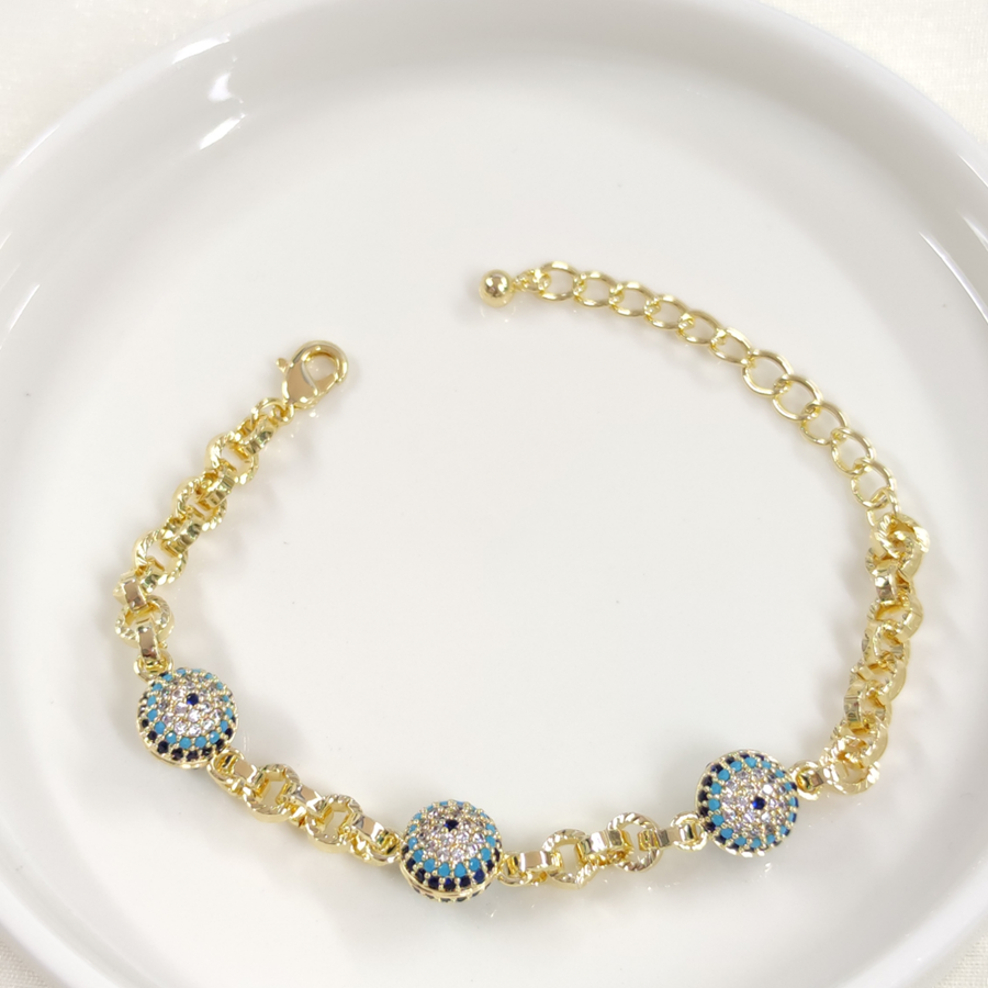 FULLYX ÜÇLÜ SOSYETE GÖZÜ NAZAR BONCUKLU BİLEKLİK 17+5 CM GOLD ALTIN SARI - STD