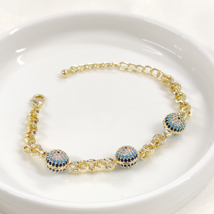 FULLYX ÜÇLÜ SOSYETE GÖZÜ NAZAR BONCUKLU BİLEKLİK 17+5 CM GOLD ALTIN SARI - STD