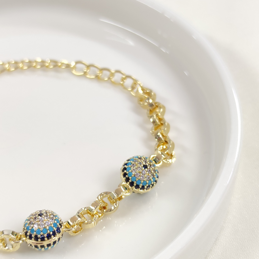 FULLYX ÜÇLÜ SOSYETE GÖZÜ NAZAR BONCUKLU BİLEKLİK 17+5 CM GOLD ALTIN SARI - STD