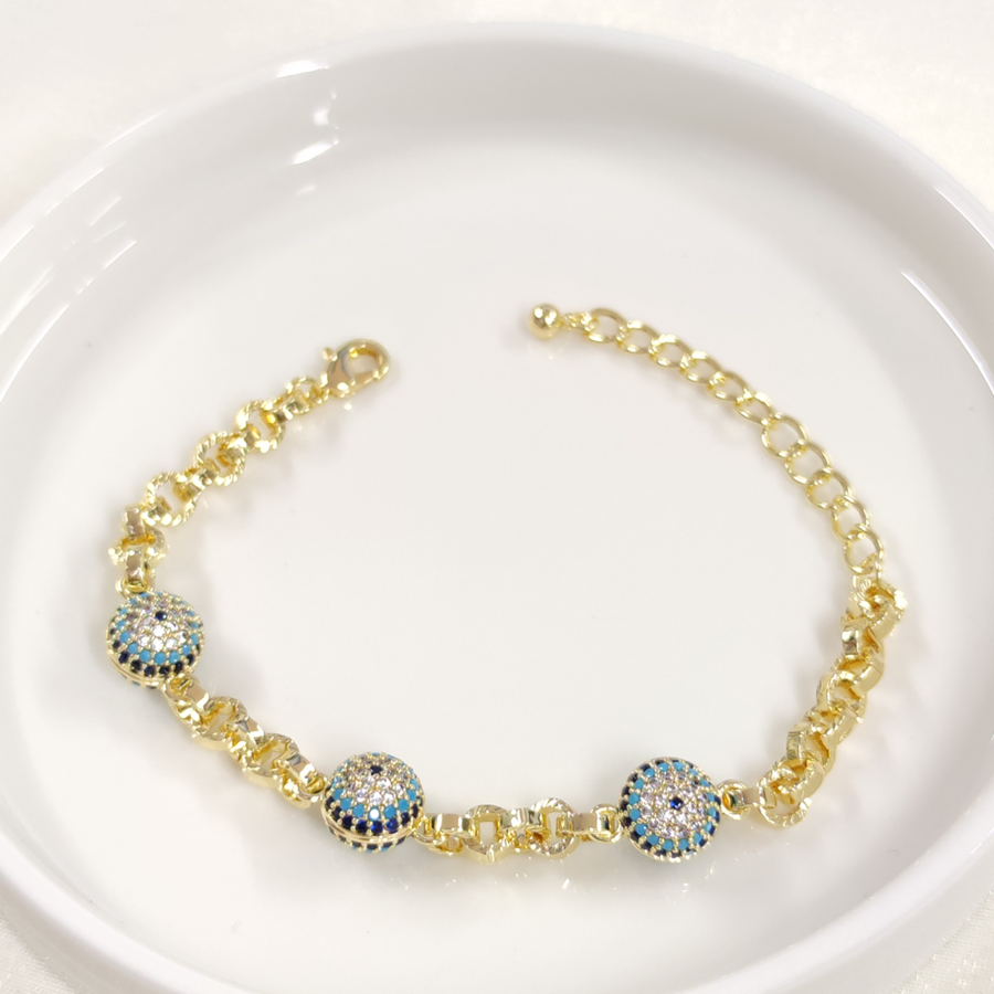 FULLYX ÜÇLÜ SOSYETE GÖZÜ NAZAR BONCUKLU BİLEKLİK 17+5 CM GOLD ALTIN SARI - STD