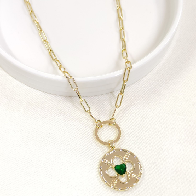 FULLYX YEŞİL TAŞLI PLAKA YONCA KOLYE 52+5 CM ALTIN SARI - STD