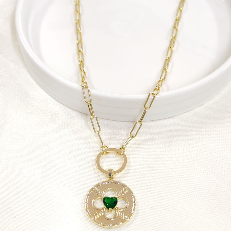 FULLYX YEŞİL TAŞLI PLAKA YONCA KOLYE 52+5 CM ALTIN SARI - STD