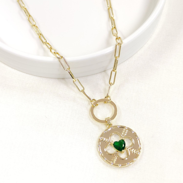 FULLYX YEŞİL TAŞLI PLAKA YONCA KOLYE 52+5 CM ALTIN SARI - STD