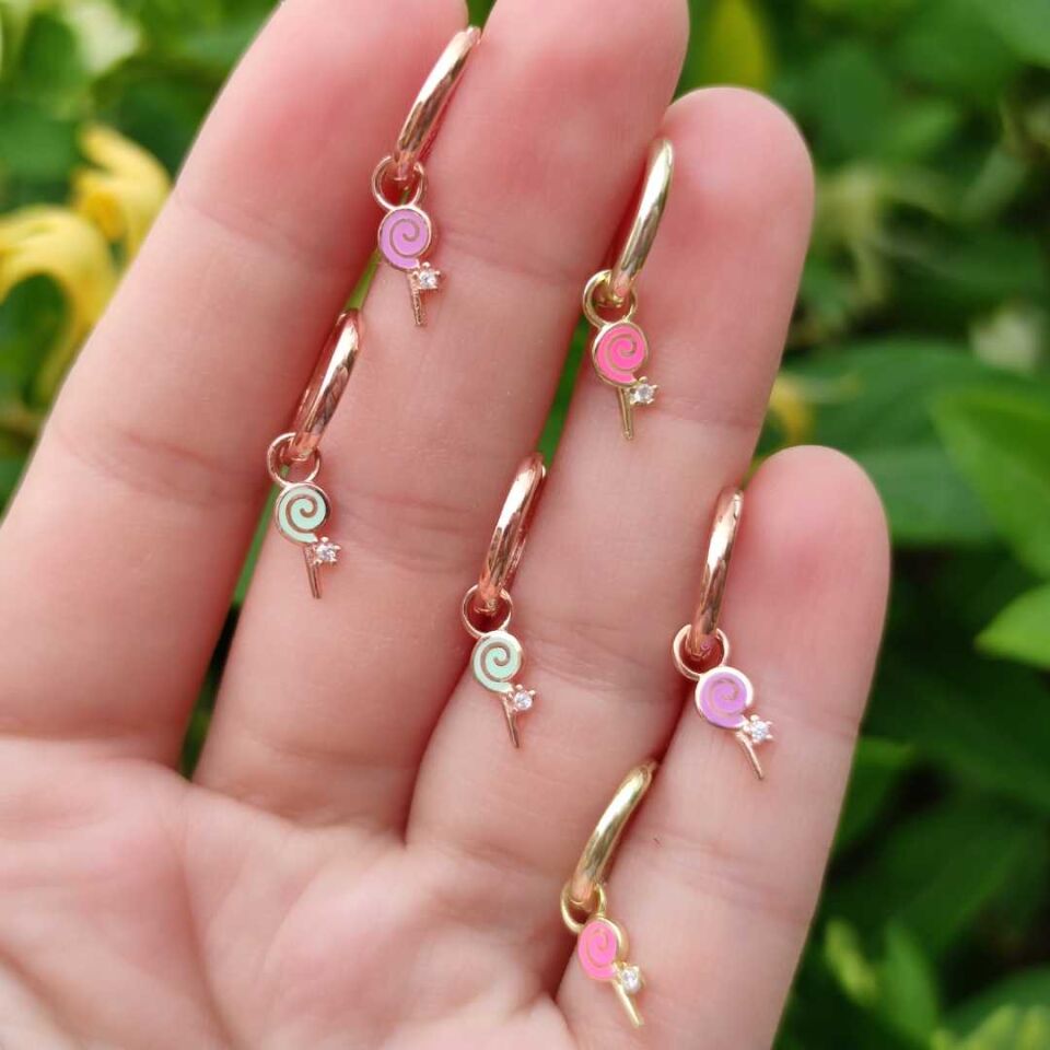 PEMBE MİNELİ ŞEKER TEK HALKA GÜMÜŞ KÜPE ALTIN SARI - STD